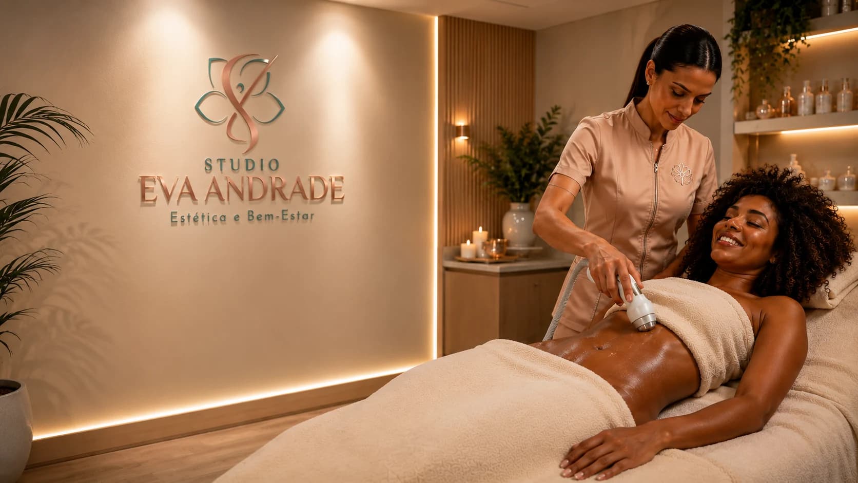 Profissional realizando um cuidado corporal em uma cliente no Studio Eva Andrade